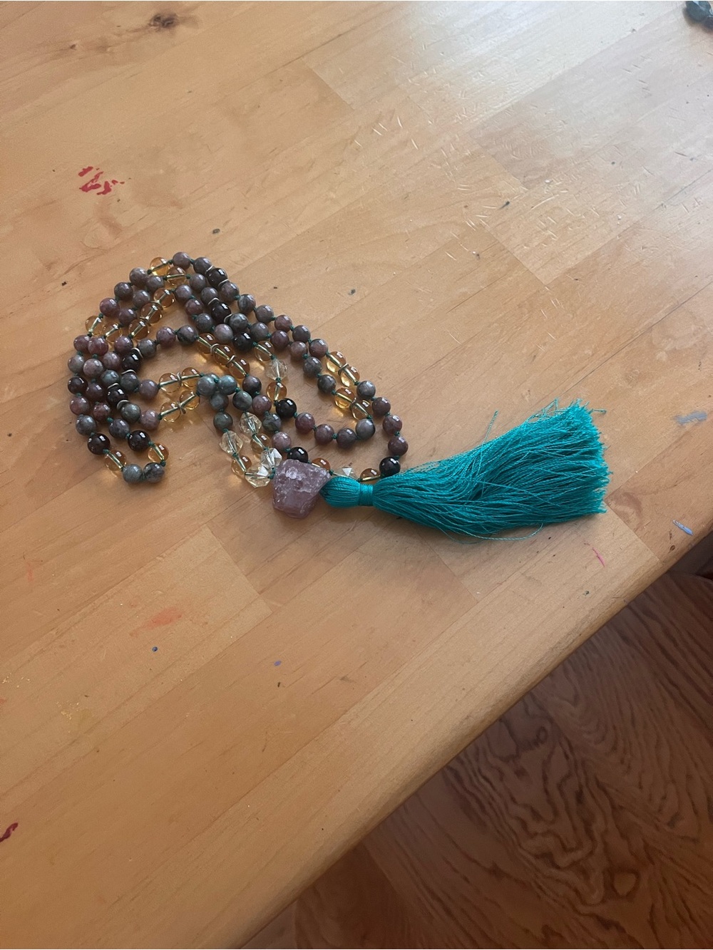 Teal Tassel Beaded Necklace with Gemstone Accent